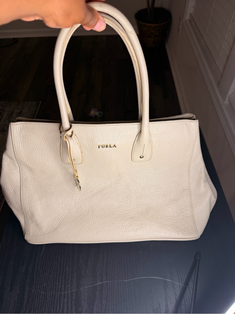 Furla Pebbled Leather Cream Tote with Gold Accent